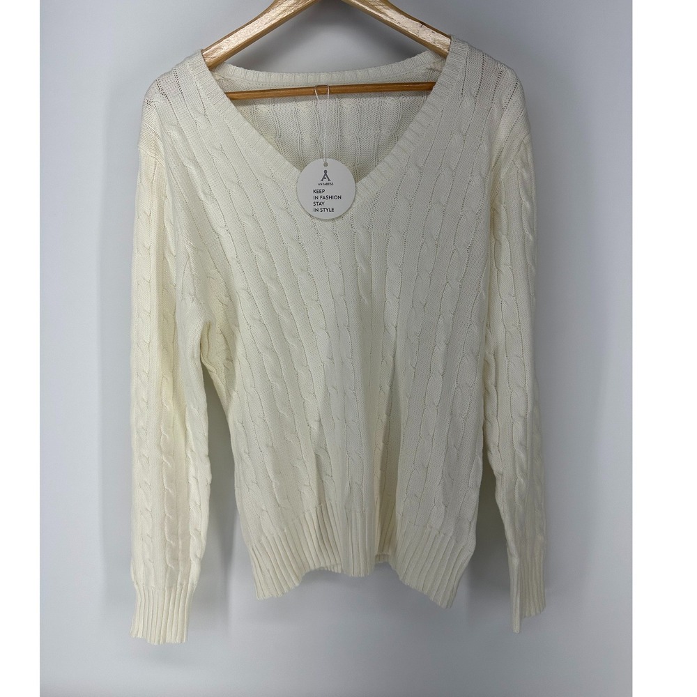 ANRABESS Sweater Womans XL White Cable Knit V-Neck Long Sleeve Pullover TL00071
